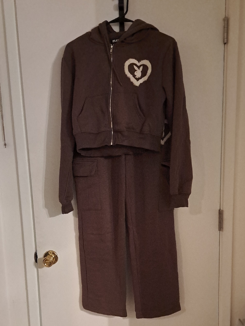 PLAYBOY Brown Cropped Hoodie and Cargo Sweat Pants Set with Heart Bunny Graphic